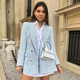 Spring Women New Casual Tweed Blazer Vintage Office Lady Autumn Jacket Coat double Breasted Outwear Female Chic Tops